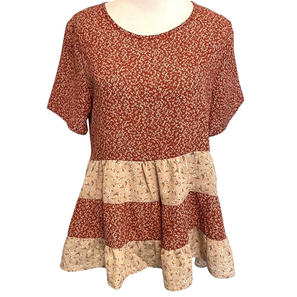 Paper Crane Rust and Cream Floral Tiered Blouse